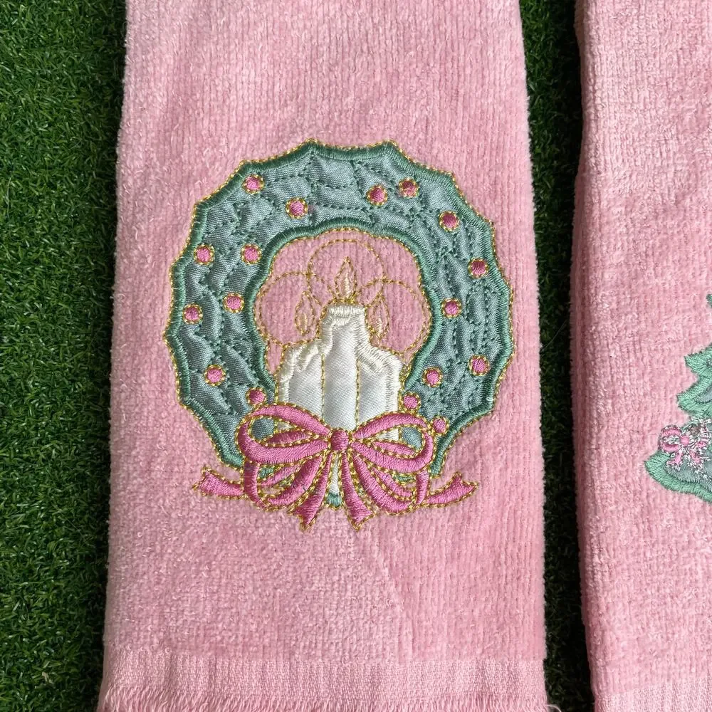 Vintage Pink Holiday Fingertip Towels Lot Embroidered Christmas Wreath and Tree
